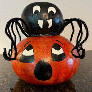 Jack-O-Lantern w/ Spider on Head Hand Painted Signed 10" X 10" Halloween Gourd *